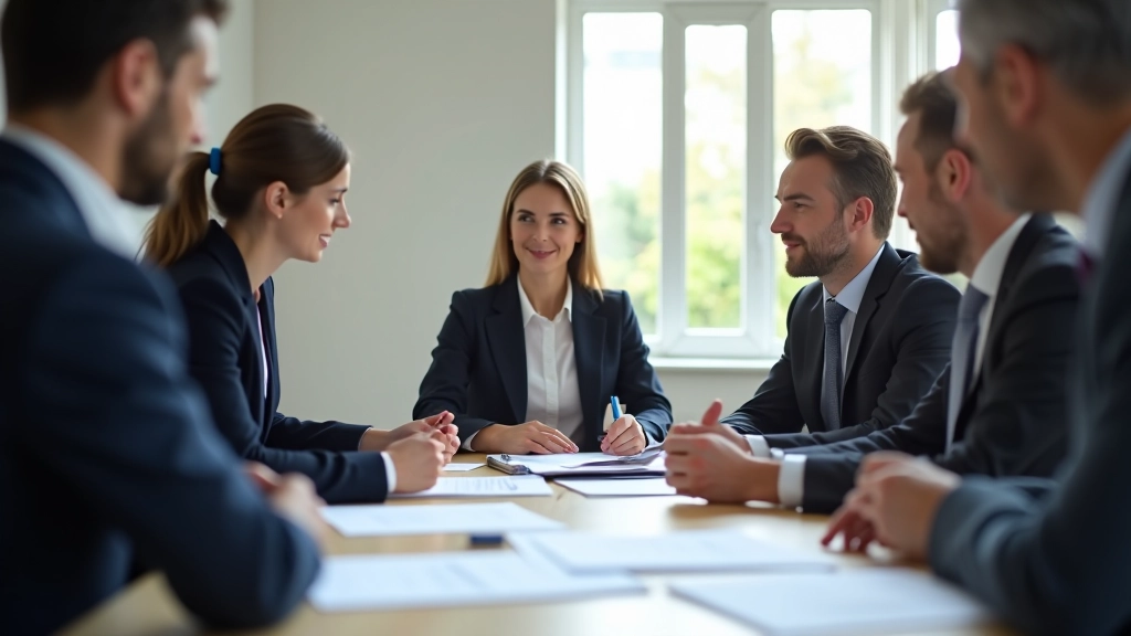 Team di professionisti che collaborano attorno a un tavolo con documenti, discussione aperta e positiva