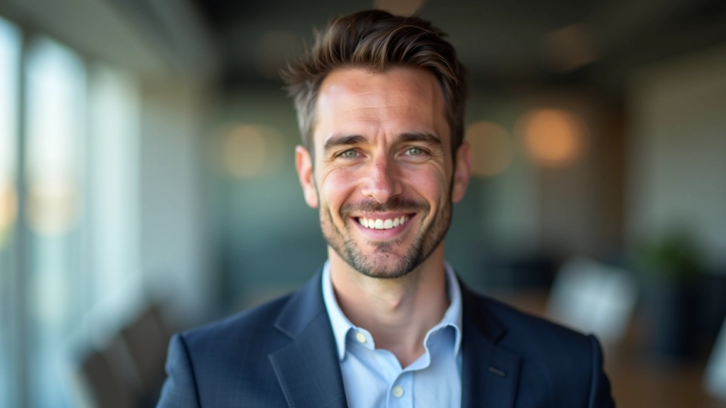 Consulente di negoziazione, ritratto da petto in su, sorriso fiducioso, ufficio moderno