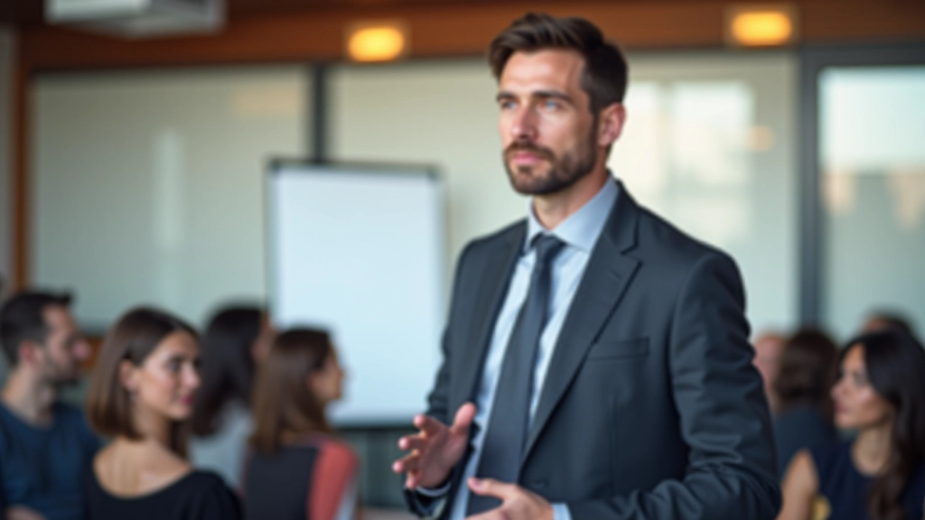 Marco Rossini al lavoro durante una sessione di formazione, in interazione con i partecipanti in un'aula moderna, ambiente collaborativo e inclusivo