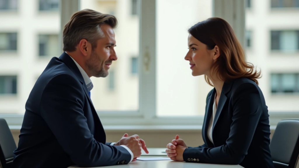 Due professionisti in conversazione faccia a faccia, ascolto attivo, atmosfera di comprensione reciproca