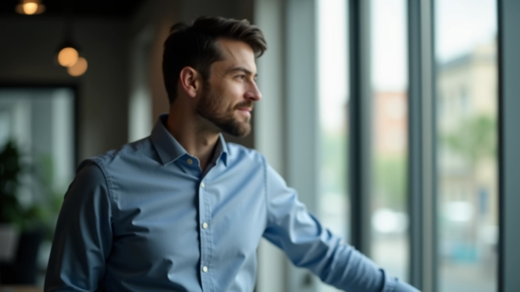 Professionista che riflette guardando fuori dalla finestra, pensiero strategico durante difficoltà di negoziazione