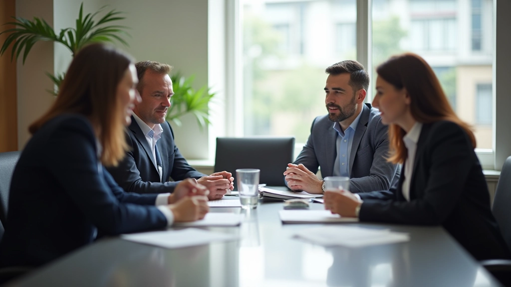 Professionisti in riunione di negoziazione, tavolo moderno, ambiente collaborativo, illuminazione naturale
