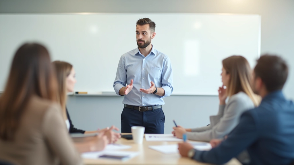 Formatore che spiega concetti di negoziazione a un gruppo di partecipanti attenti, ambiente aula moderna
