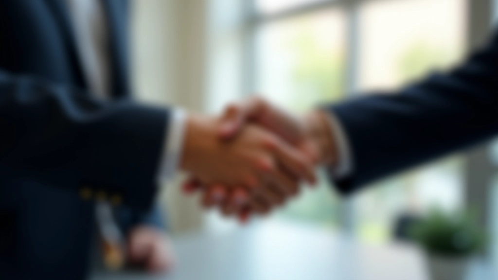 Handshake tra due professionisti, accordo raggiunto dopo una conversazione costruttiva, sfondo ufficio moderno